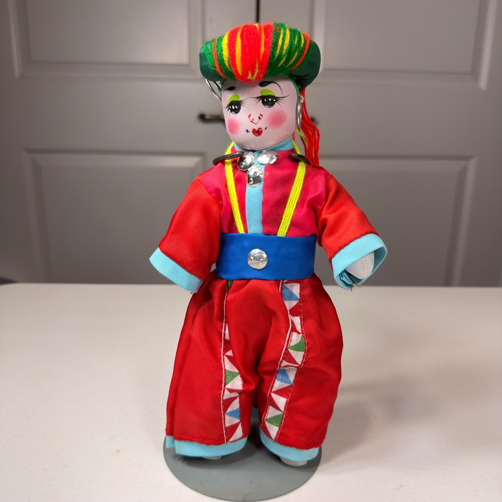 Vintage Handmade Cloth Folk Art Doll Traditional Cultural Attire Red Green 11"